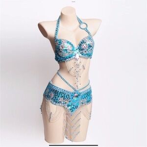 Turquoise Sequin Halter Bra and Skirt Set M/L